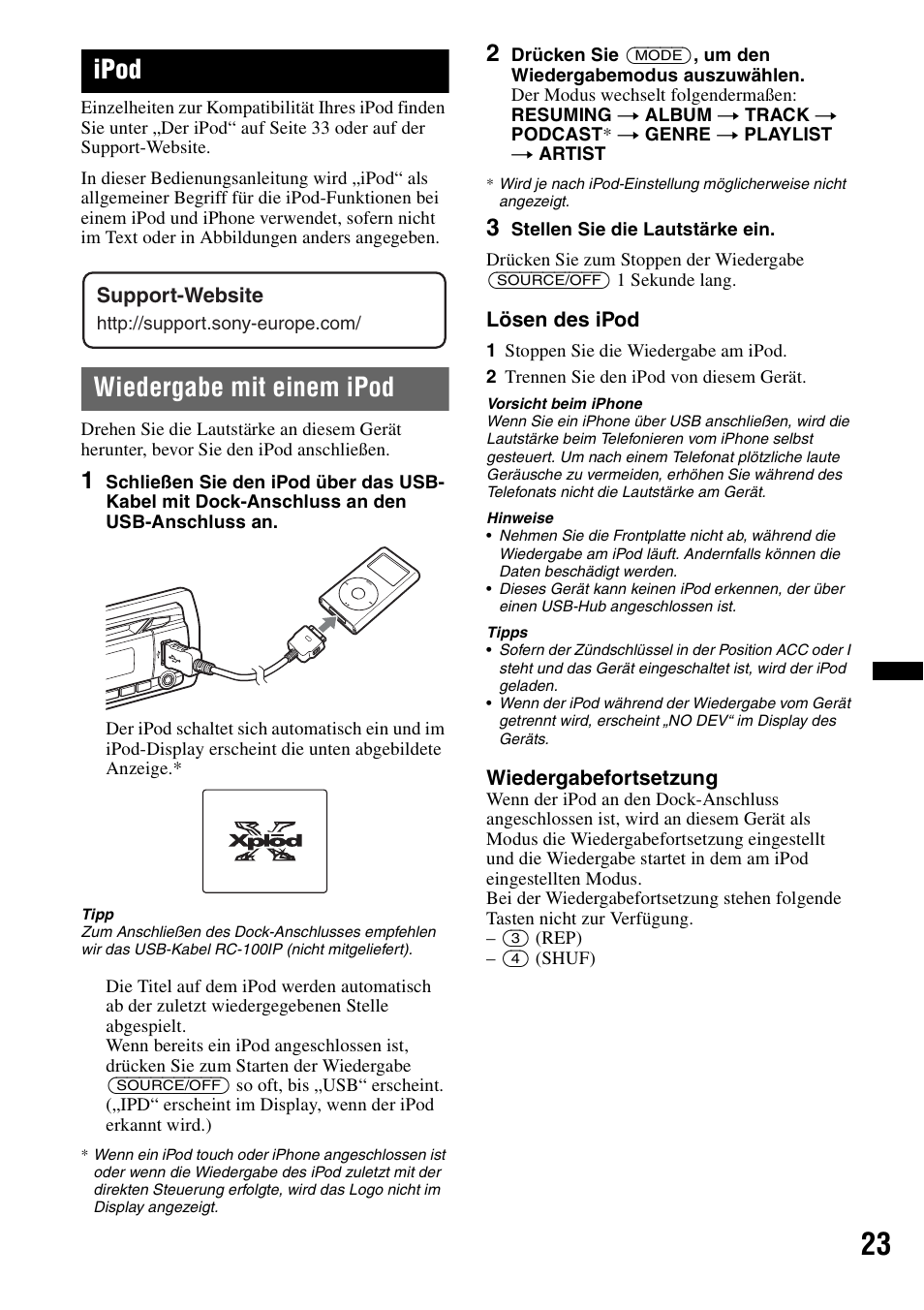 Ipod, Wiedergabe mit einem ipod, Lösen des ipod | Wiedergabefortsetzung, Support-website | Sony Bluetooth 4-158-429-31(1) User Manual | Page 57 / 196