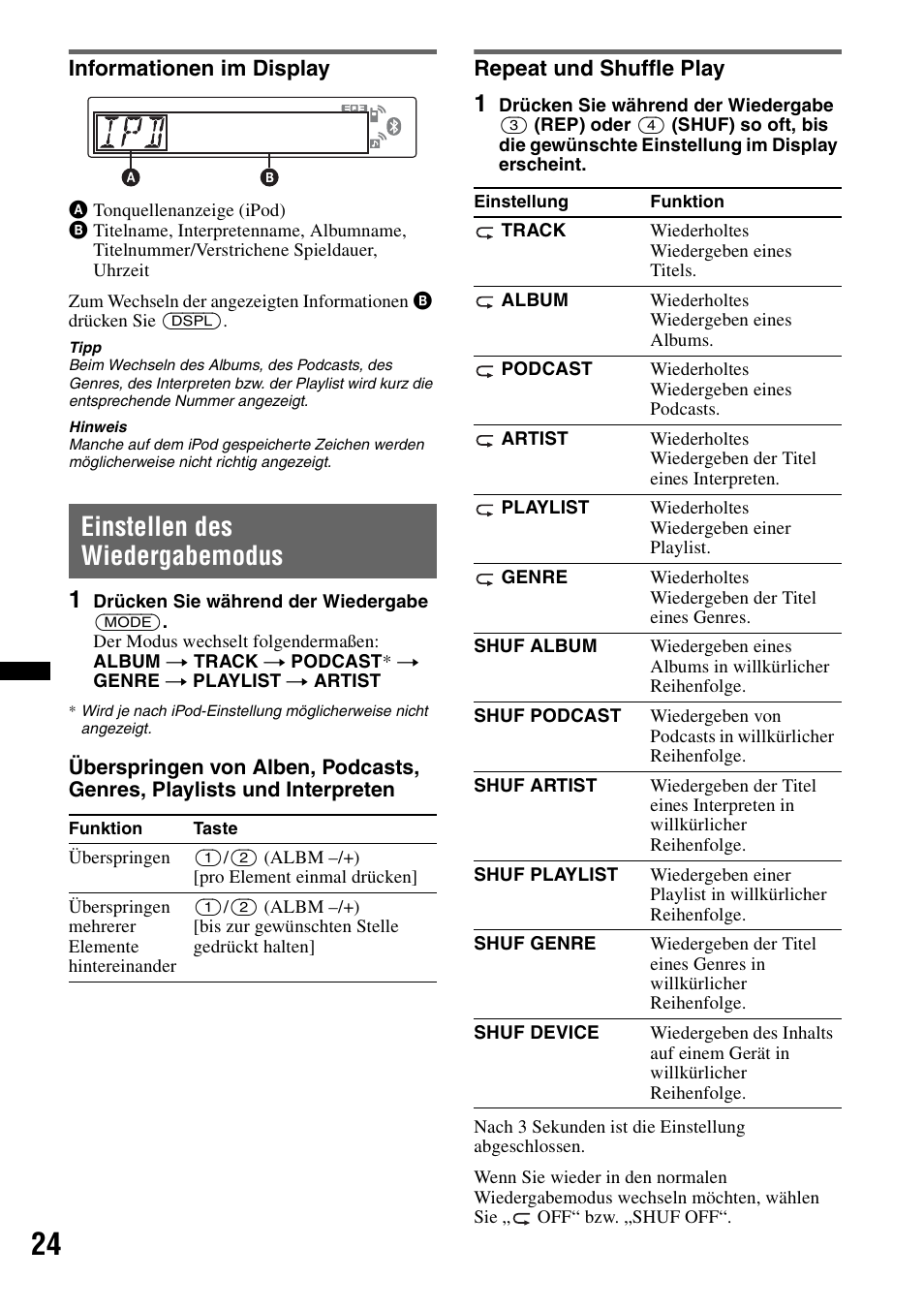 Informationen im display, Einstellen des wiedergabemodus, Repeat und shuffle play | Sony Bluetooth 4-158-429-31(1) User Manual | Page 58 / 196
