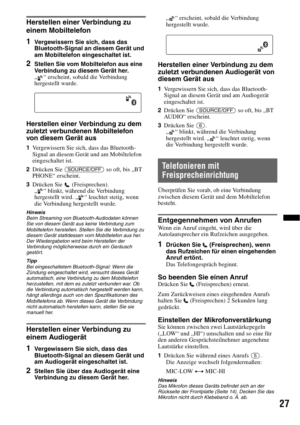 Herstellen einer verbindung zu einem mobiltelefon, Herstellen einer verbindung zu einem audiogerät, Telefonieren mit freisprecheinrichtung | Entgegennehmen von anrufen, Seite 27 | Sony Bluetooth 4-158-429-31(1) User Manual | Page 61 / 196