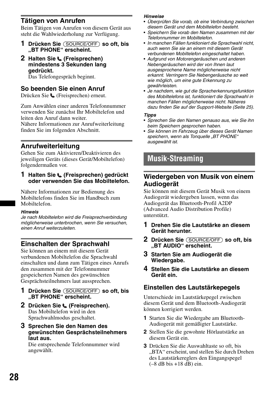 Tätigen von anrufen, Anrufweiterleitung, Einschalten der sprachwahl | Musik-streaming, Wiedergeben von musik von einem audiogerät | Sony Bluetooth 4-158-429-31(1) User Manual | Page 62 / 196