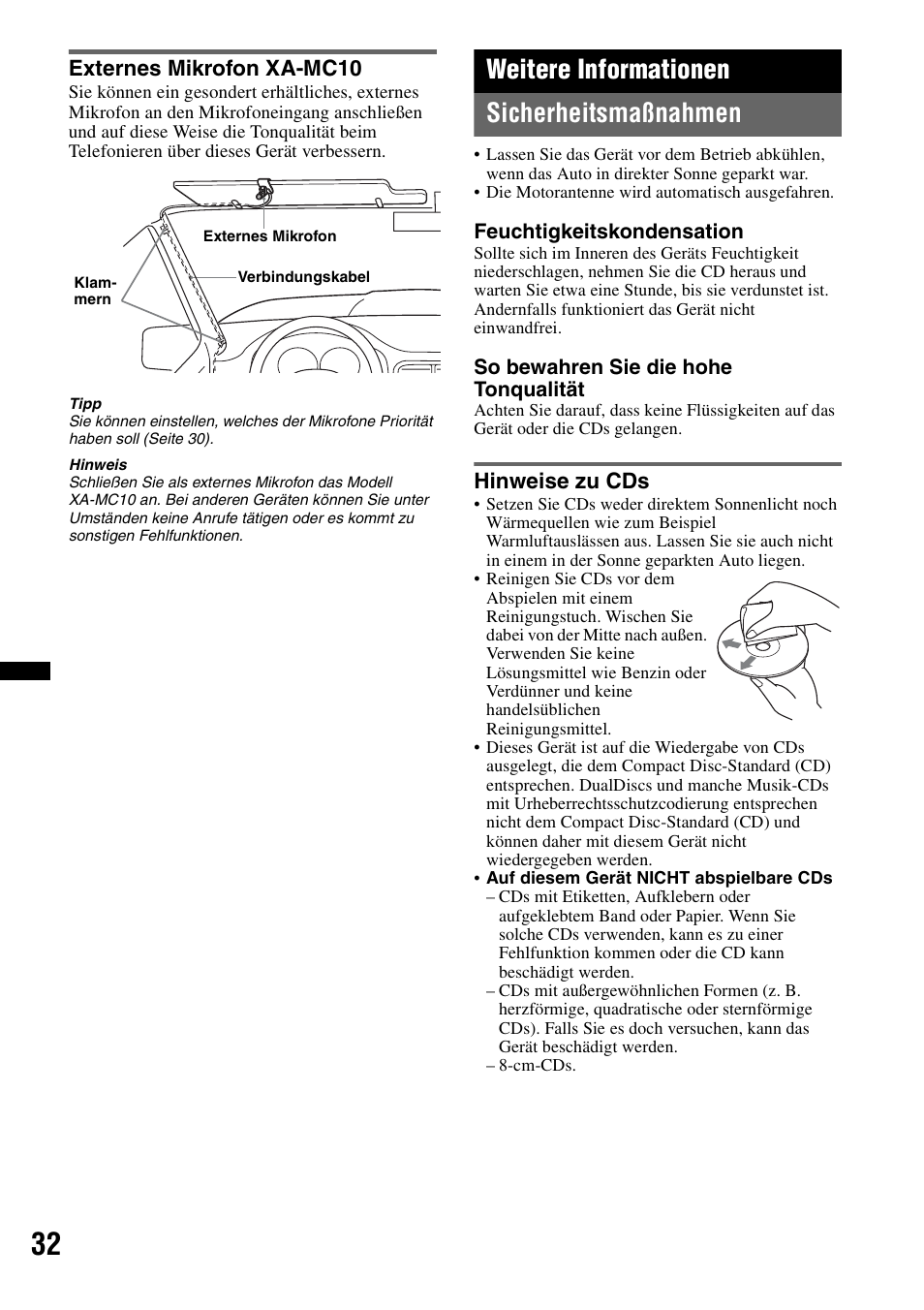 Externes mikrofon xa-mc10, Weitere informationen, Sicherheitsmaßnahmen | Hinweise zu cds, Weitere informationen sicherheitsmaßnahmen | Sony Bluetooth 4-158-429-31(1) User Manual | Page 66 / 196