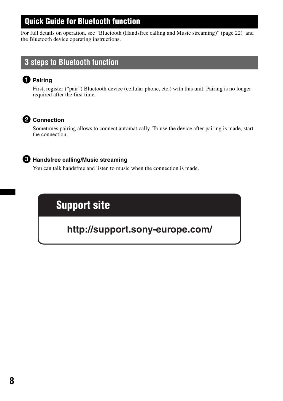 Quick guide for bluetooth function, 3 steps to bluetooth function, Support site | Sony Bluetooth 4-158-429-31(1) User Manual | Page 8 / 196