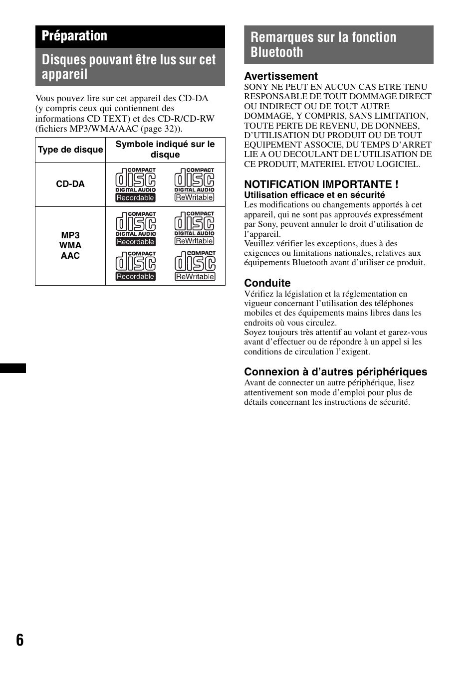 Préparation, Disques pouvant être lus sur cet appareil, Remarques sur la fonction bluetooth | Sony Bluetooth 4-158-429-31(1) User Manual | Page 80 / 196