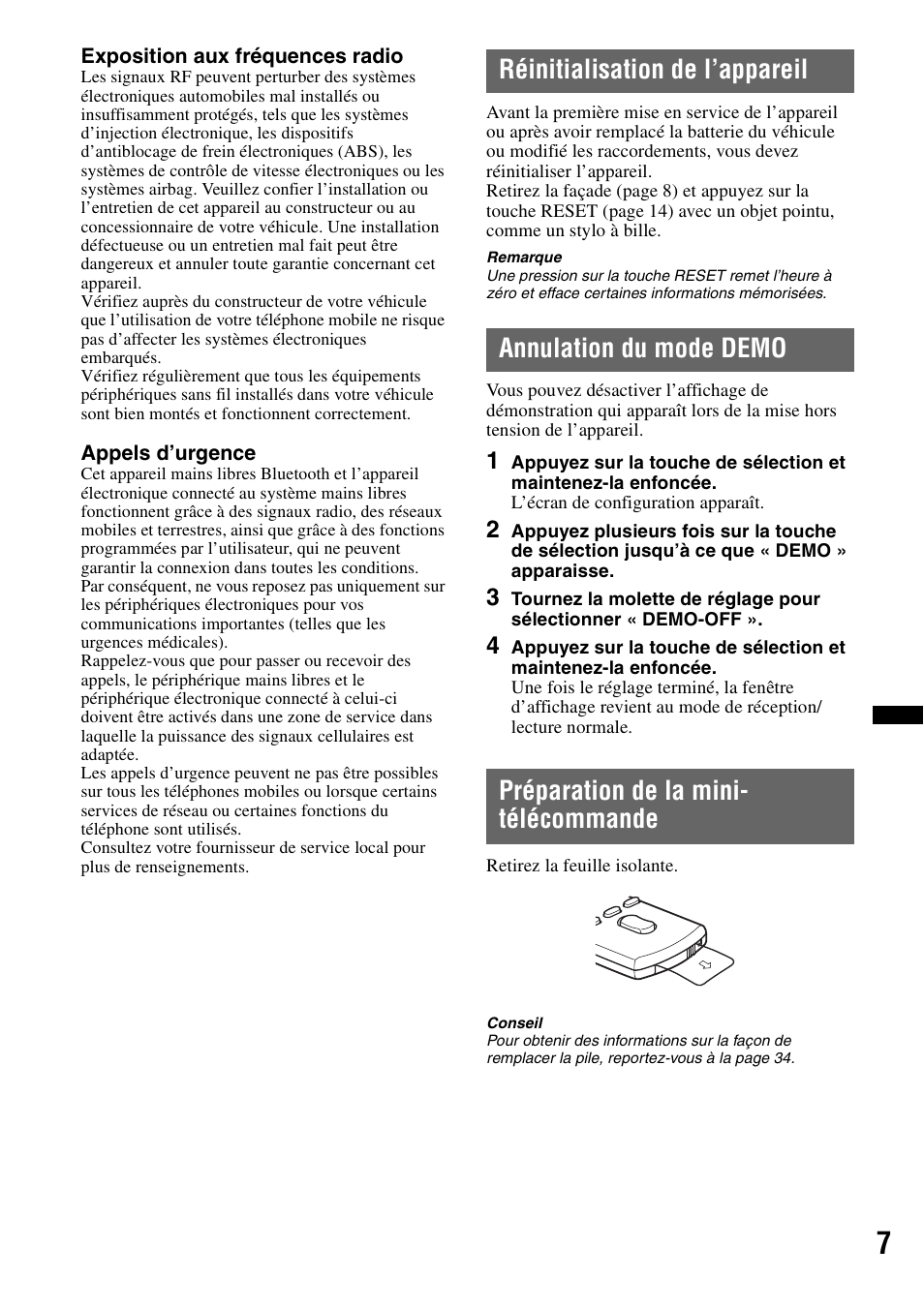 Réinitialisation de l’appareil, Annulation du mode demo, Préparation de la mini- télécommande | À la pag | Sony Bluetooth 4-158-429-31(1) User Manual | Page 81 / 196