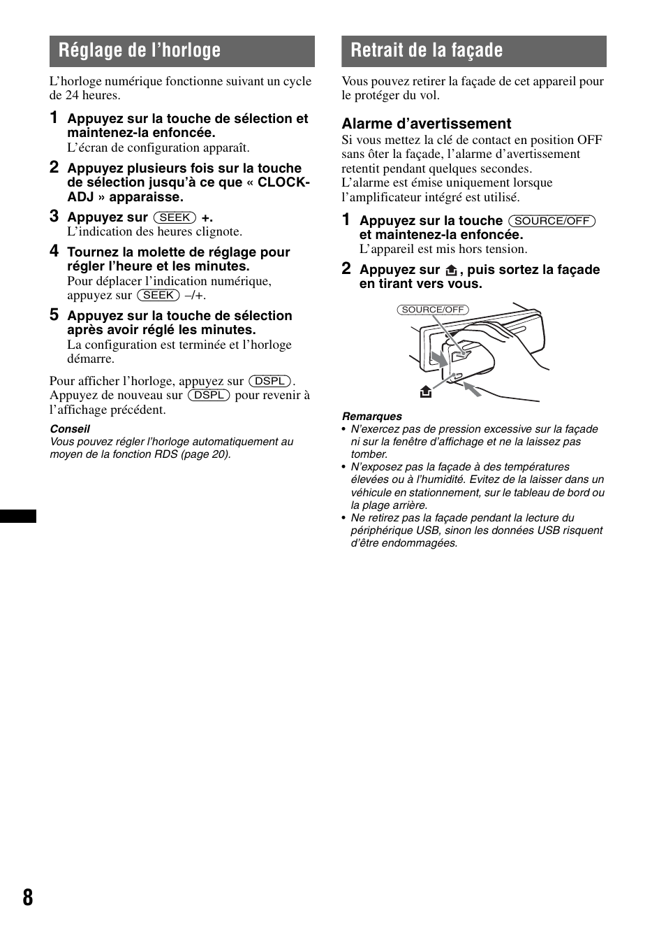 Réglage de l’horloge, Retrait de la façade, Réglage de l’horloge retrait de la façade | Sony Bluetooth 4-158-429-31(1) User Manual | Page 82 / 196
