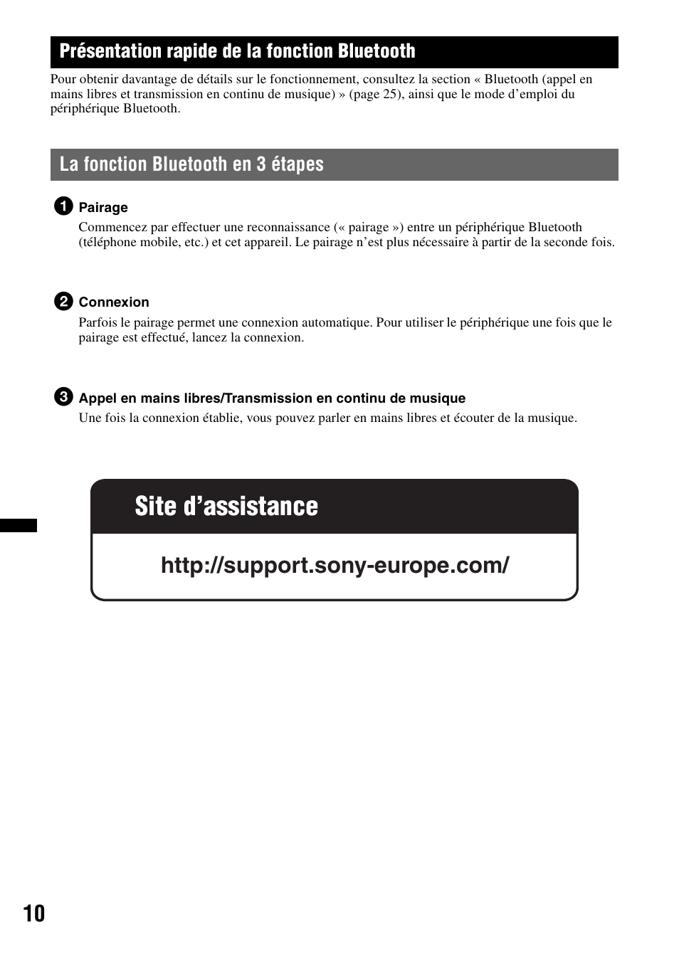 Présentation rapide de la fonction bluetooth, La fonction bluetooth en 3 étapes, Site d’assistance | Sony Bluetooth 4-158-429-31(1) User Manual | Page 84 / 196