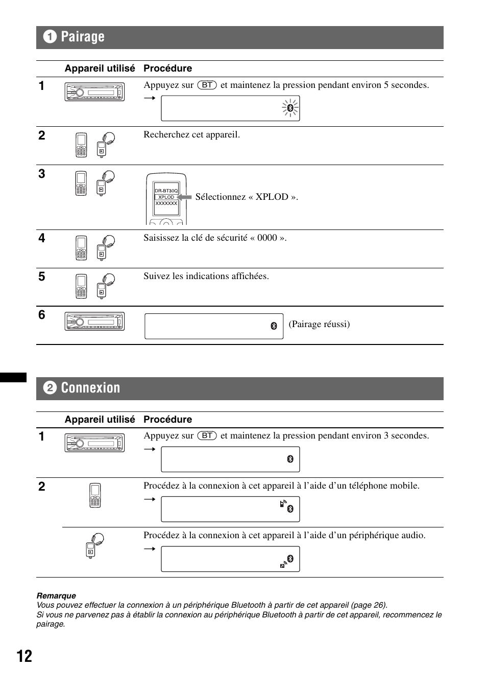 1 pairage, 2 connexion, Pairage | Connexion, 1pairage 2 connexion | Sony Bluetooth 4-158-429-31(1) User Manual | Page 86 / 196