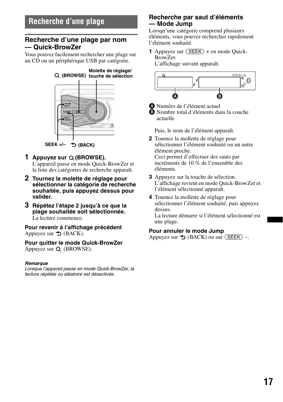 Recherche d’une plage, Recherche d’une plage par nom - quick-browzer, Recherche d’une plage par nom — quick-browzer | Sony Bluetooth 4-158-429-31(1) User Manual | Page 91 / 196