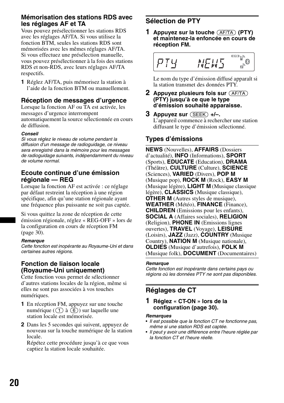 Sélection de pty, Réglages de ct, Sélection de pty réglages de ct | Sony Bluetooth 4-158-429-31(1) User Manual | Page 94 / 196