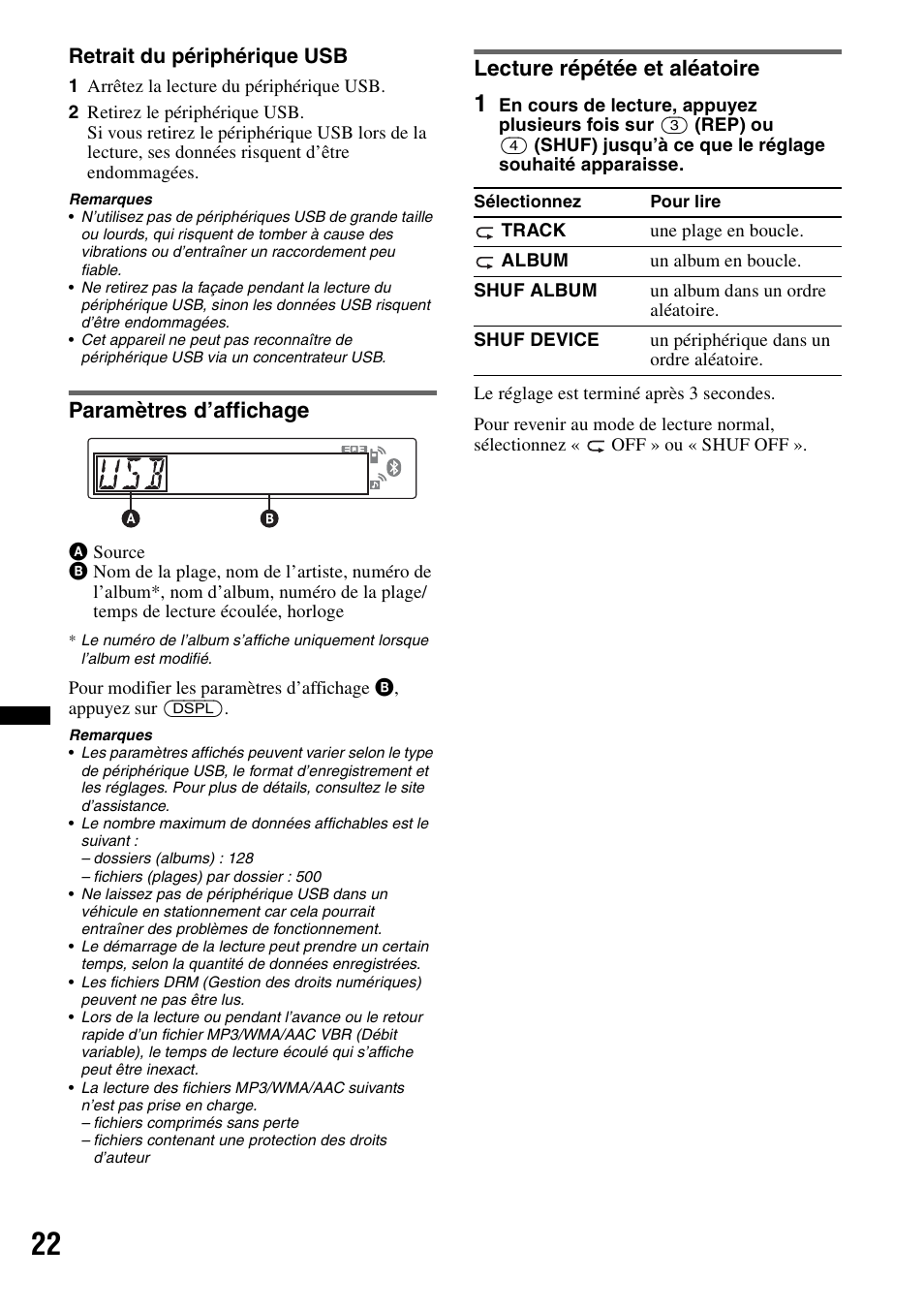 Paramètres d’affichage, Lecture répétée et aléatoire | Sony Bluetooth 4-158-429-31(1) User Manual | Page 96 / 196