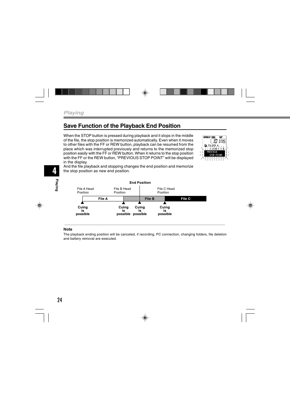 Save function of the playback end position, Playing | Sony DS-2 User Manual | Page 24 / 64