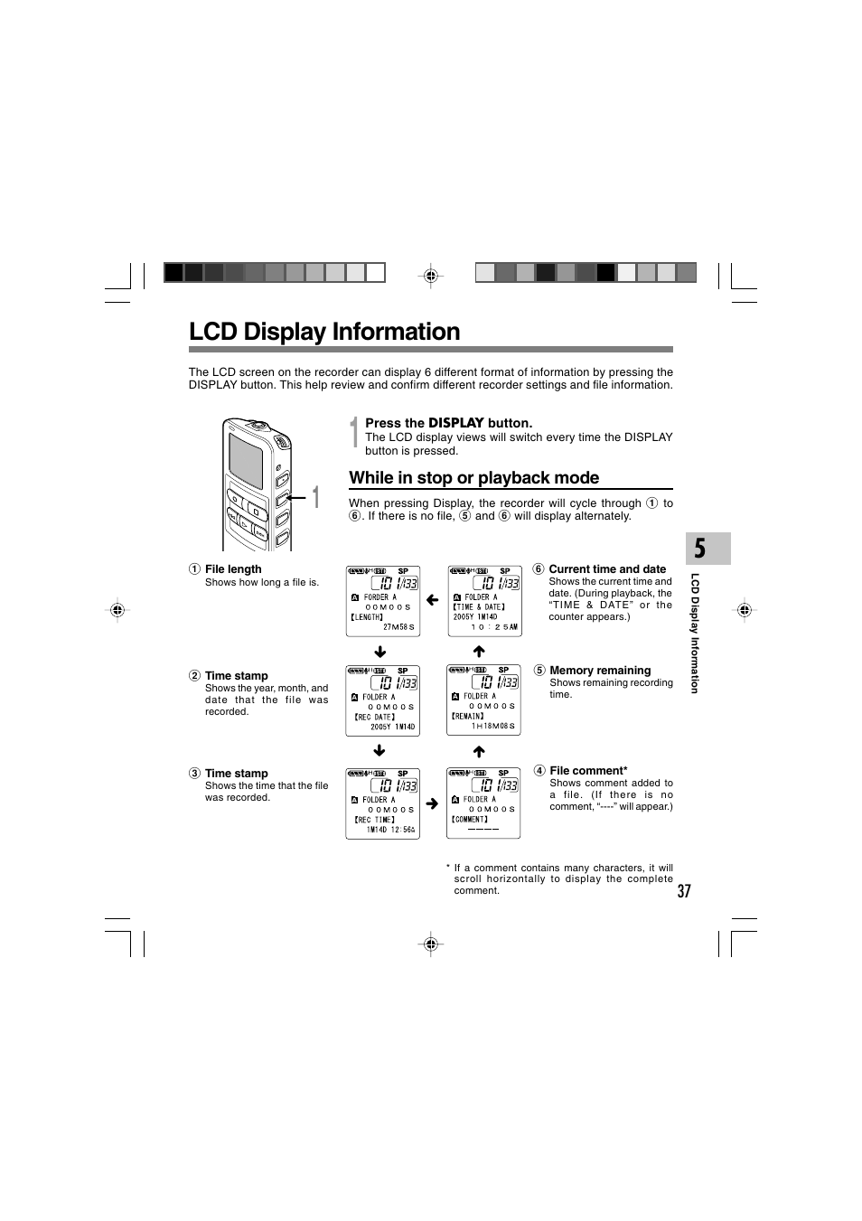 Lcd display information, While in stop or playback mode | Sony DS-2 User Manual | Page 37 / 64