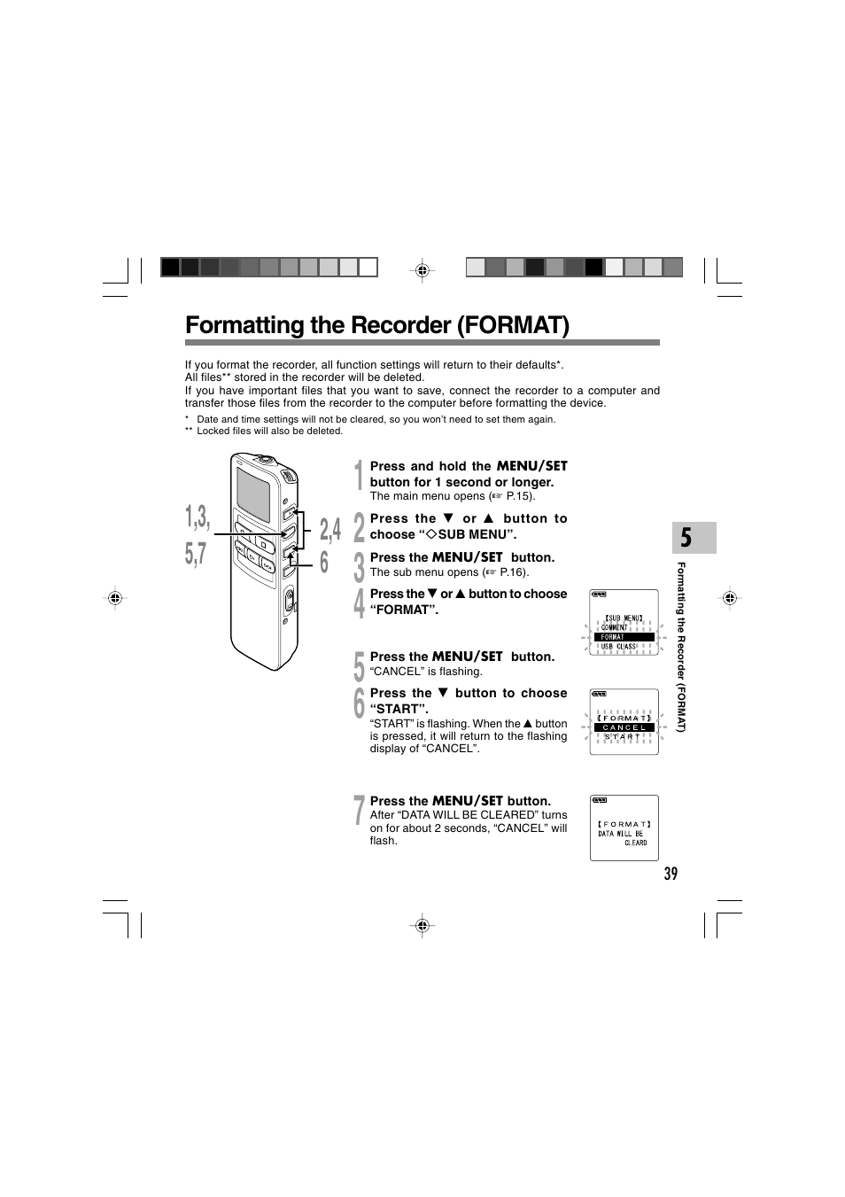 Formatting the recorder (format) | Sony DS-2 User Manual | Page 39 / 64