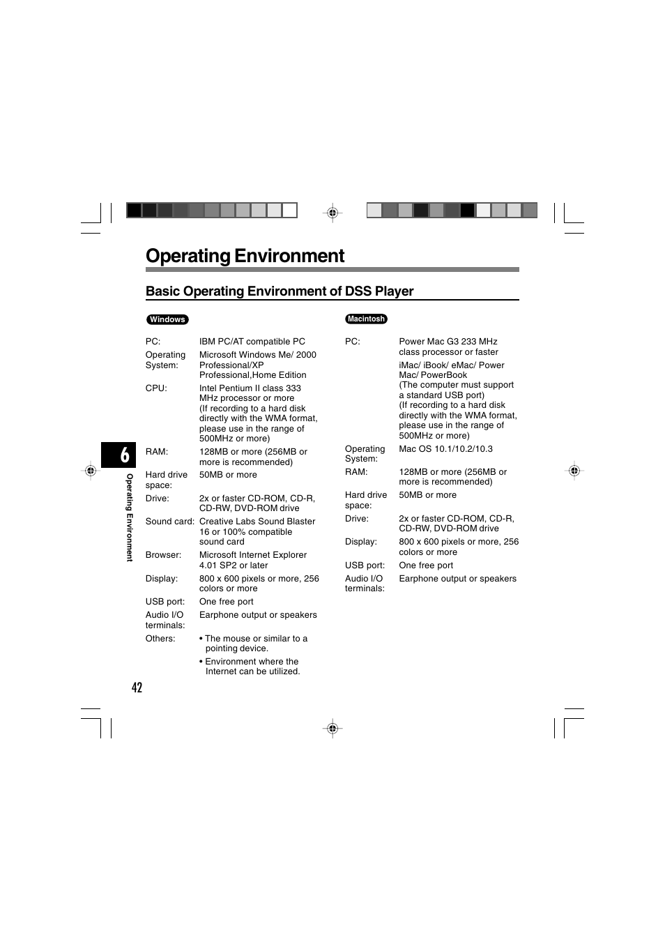 Operating environment, Basic operating environment of dss player | Sony DS-2 User Manual | Page 42 / 64