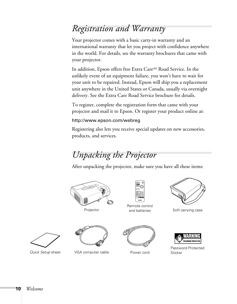 Registration and warranty, Unpacking the projector, Registration and warranty unpacking the projector | Sony 76c User Manual | Page 10 / 111