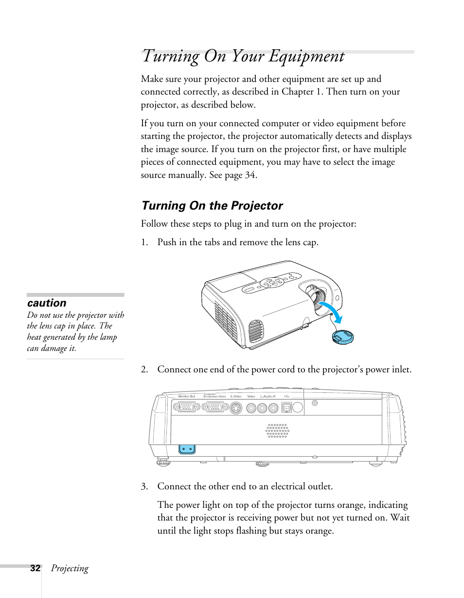 Turning on your equipment, Turning on the projector, Turning on the projector and other equipment | Sony 76c User Manual | Page 32 / 111