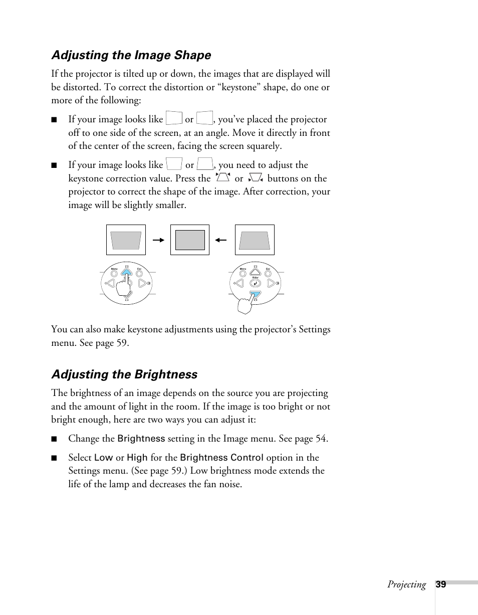 Adjusting the image shape, Adjusting the brightness, Adjusting the image shape adjusting the brightness | Sony 76c User Manual | Page 39 / 111