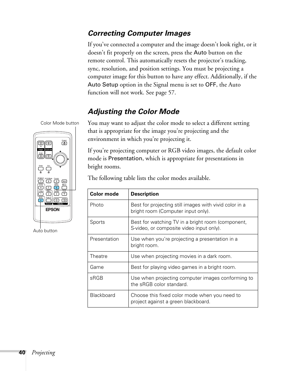 Correcting computer images, Adjusting the color mode | Sony 76c User Manual | Page 40 / 111