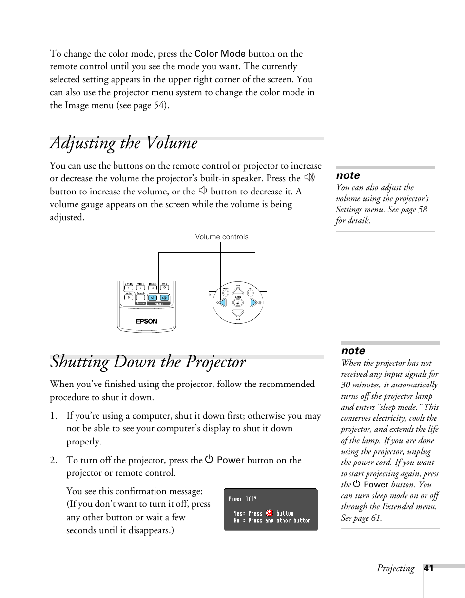 Adjusting the volume, Shutting down the projector, Adjusting the volume shutting down the projector | Sony 76c User Manual | Page 41 / 111