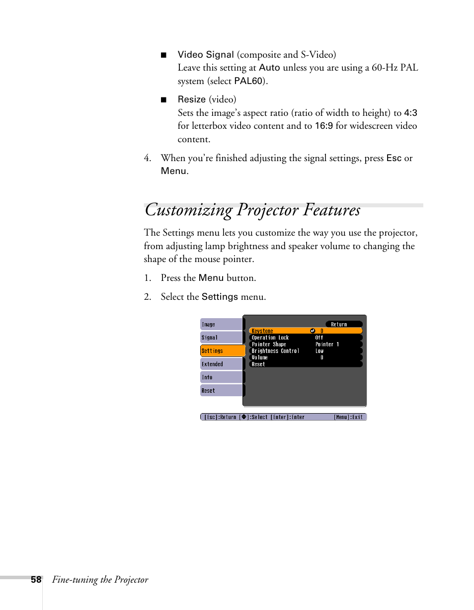 Customizing projector features | Sony 76c User Manual | Page 58 / 111