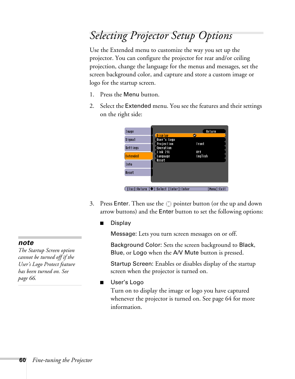 Selecting projector setup options | Sony 76c User Manual | Page 60 / 111