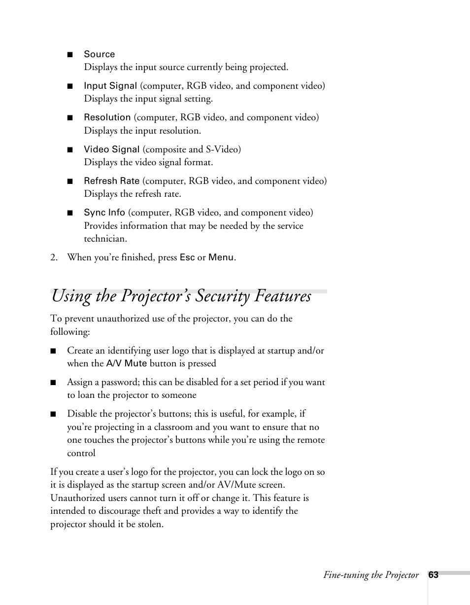 Using the projector’s security features | Sony 76c User Manual | Page 63 / 111
