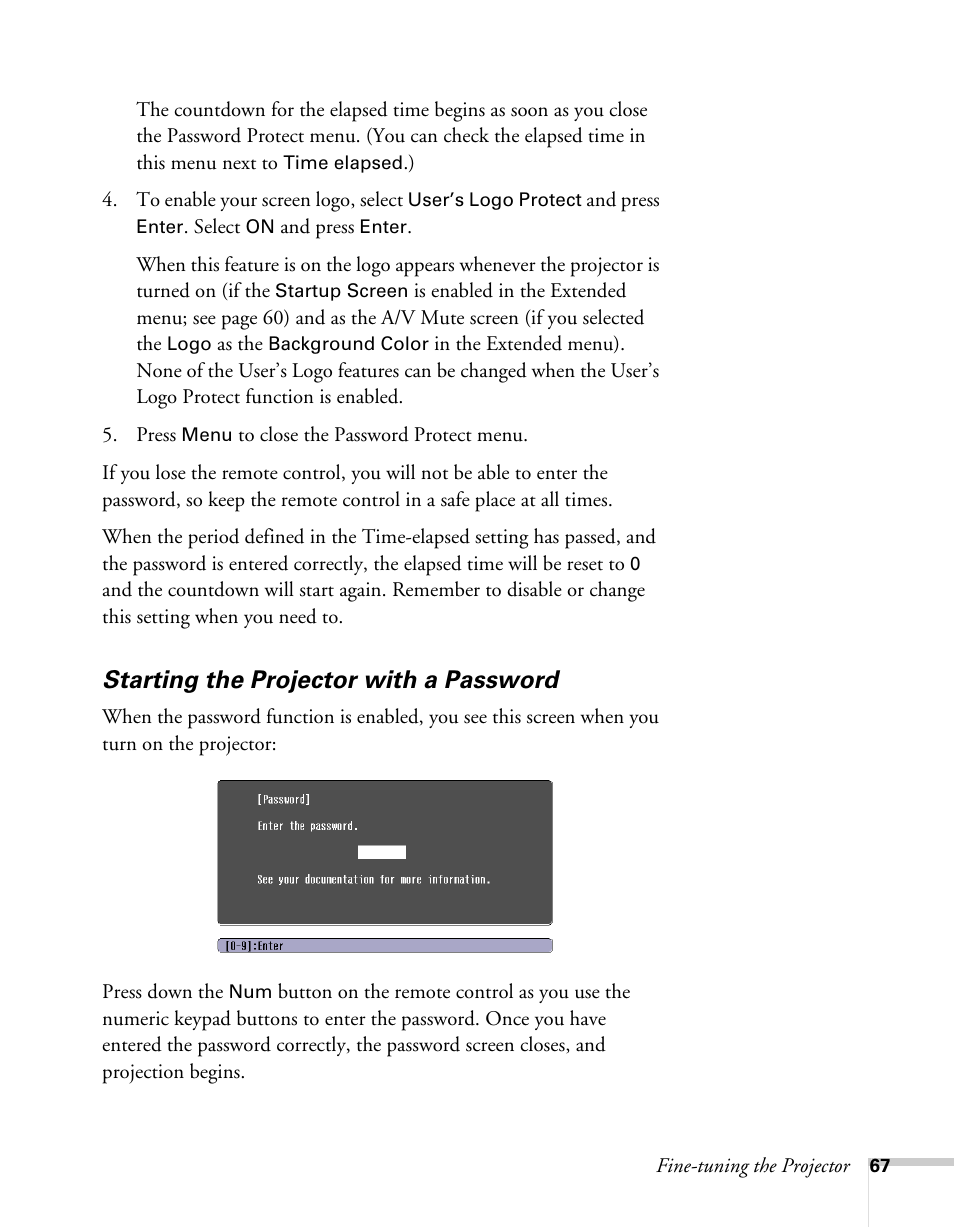 Starting the projector with a password | Sony 76c User Manual | Page 67 / 111