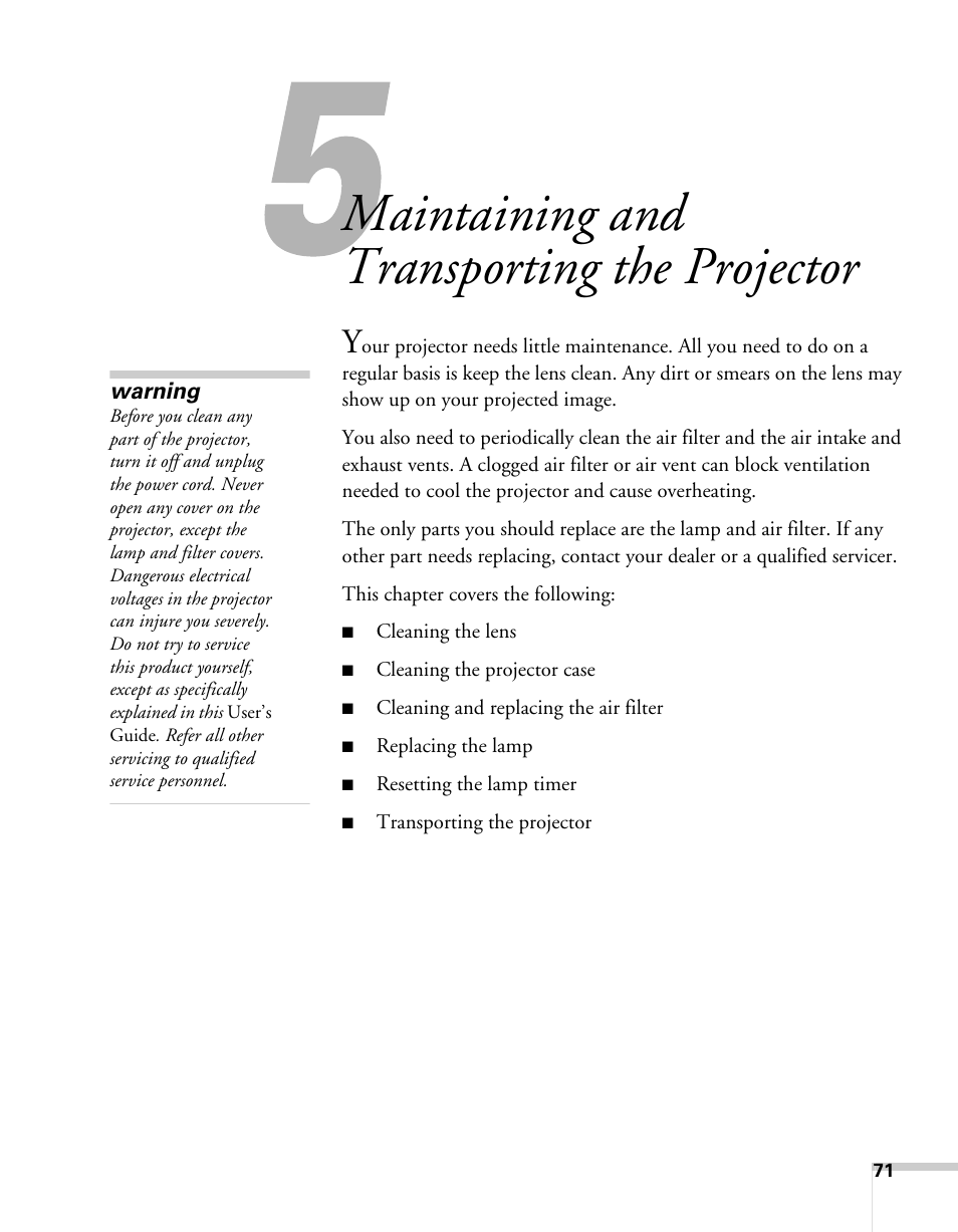 Maintaining and transporting the projector | Sony 76c User Manual | Page 71 / 111
