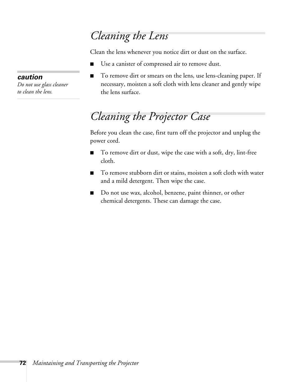 Cleaning the lens, Cleaning the projector case, Cleaning the lens cleaning the projector case | Sony 76c User Manual | Page 72 / 111