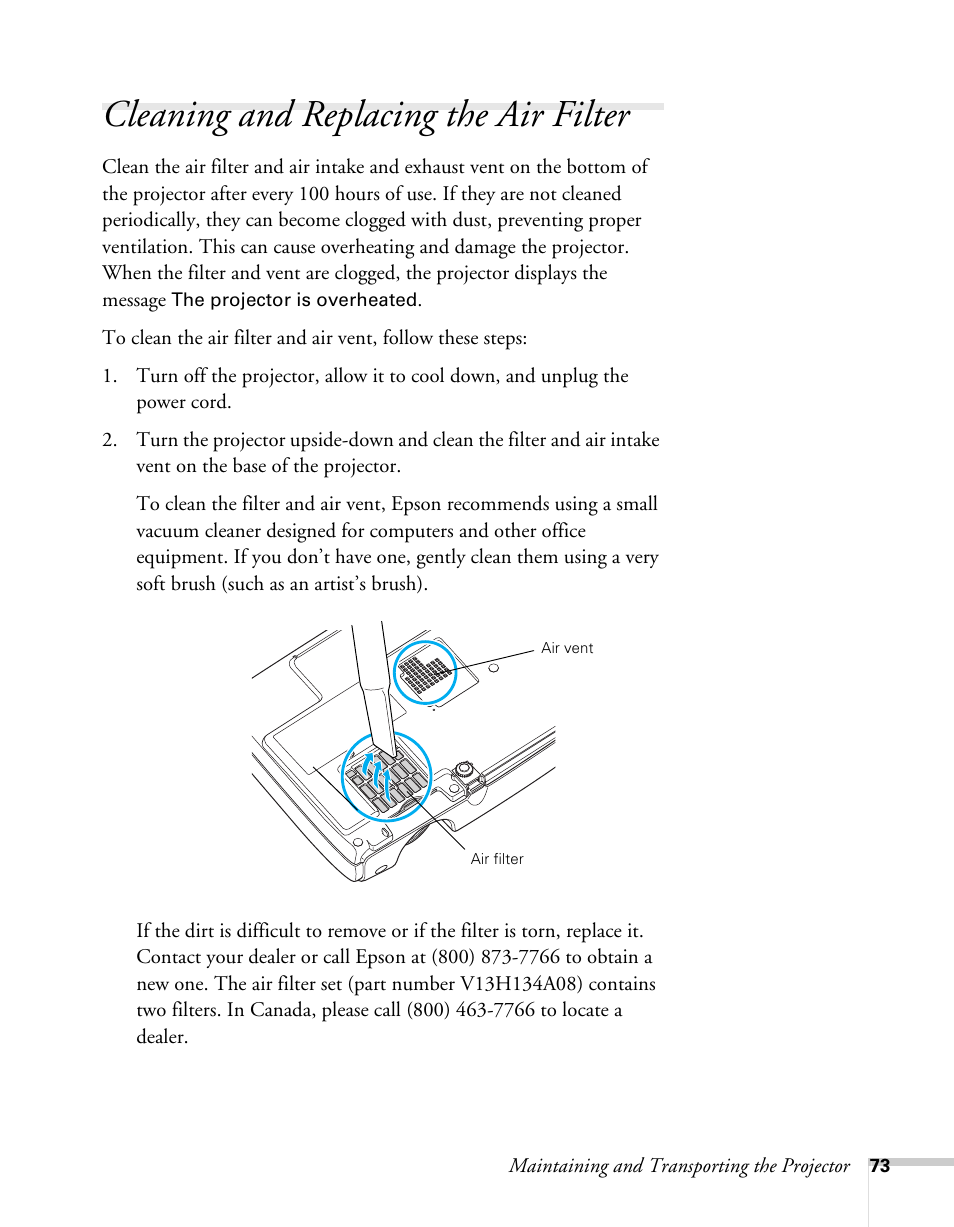 Cleaning and replacing the air filter | Sony 76c User Manual | Page 73 / 111