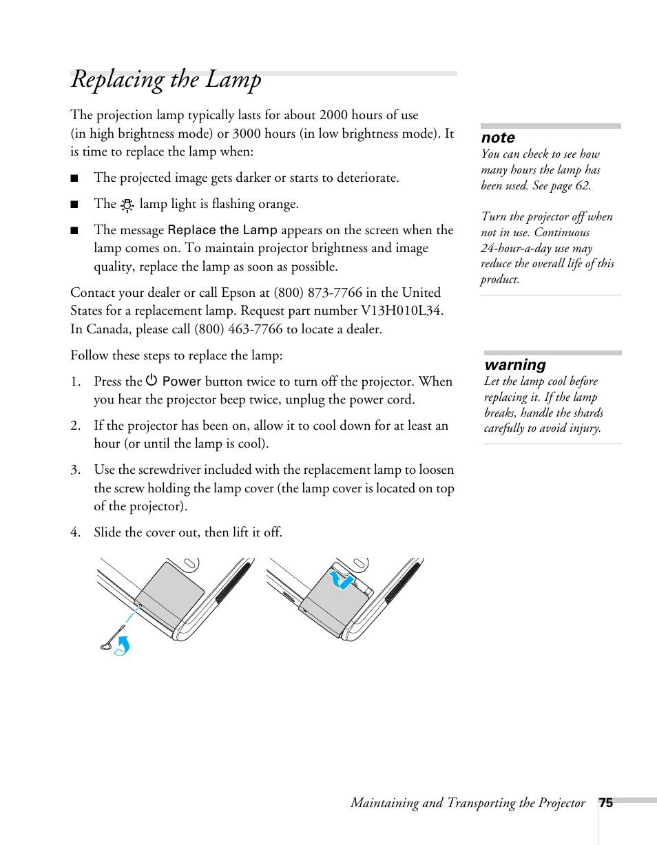 Replacing the lamp | Sony 76c User Manual | Page 75 / 111