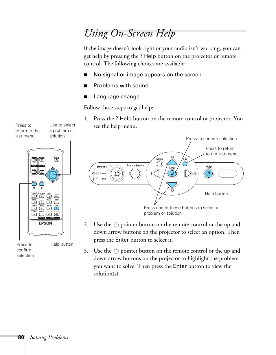 Using on-screen help, Using the projector’s on-screen help system | Sony 76c User Manual | Page 80 / 111