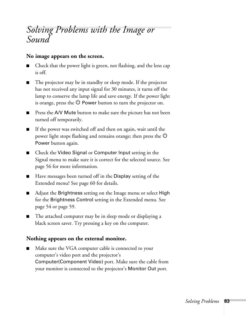 Solving problems with the image or sound | Sony 76c User Manual | Page 83 / 111