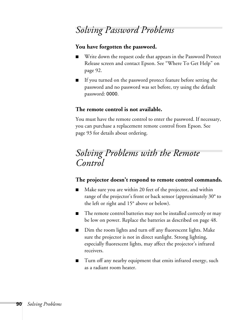 Solving password problems, Solving problems with the remote control | Sony 76c User Manual | Page 90 / 111