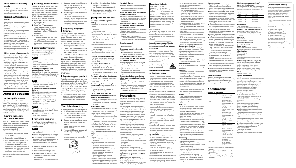 On other operations, Troubleshooting, Precautions | Specifications, Hints about transferring music, Hints about playing music, Adjusting the volume, Limiting the volume (avls (volume limit)), Installing content transfer, Using content transfer | Sony ZAPPIN NWZ-W202 User Manual | Page 2 / 2