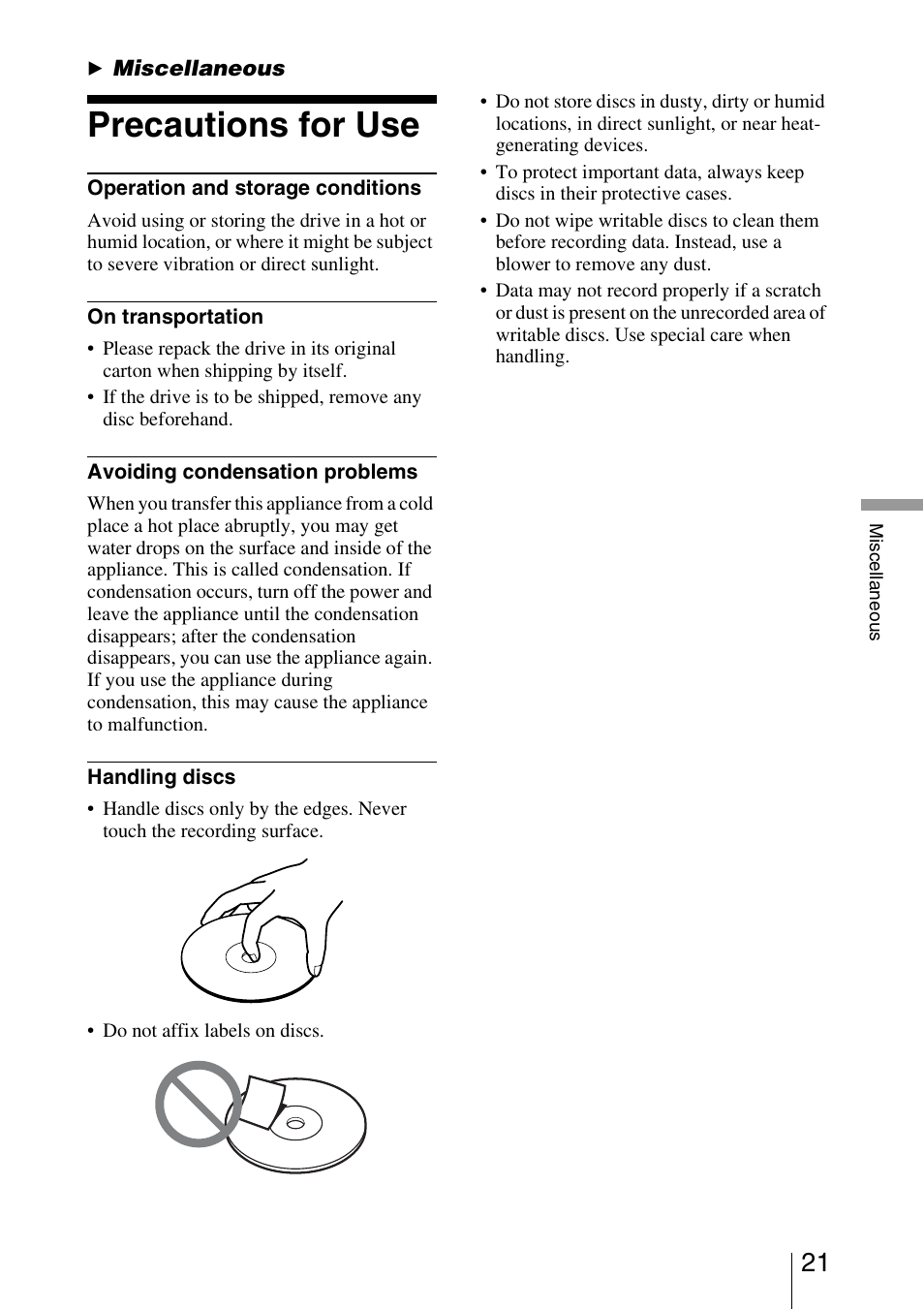 Miscellaneous, Precautions for use | Sony DRX-S70U-W User Manual | Page 21 / 24