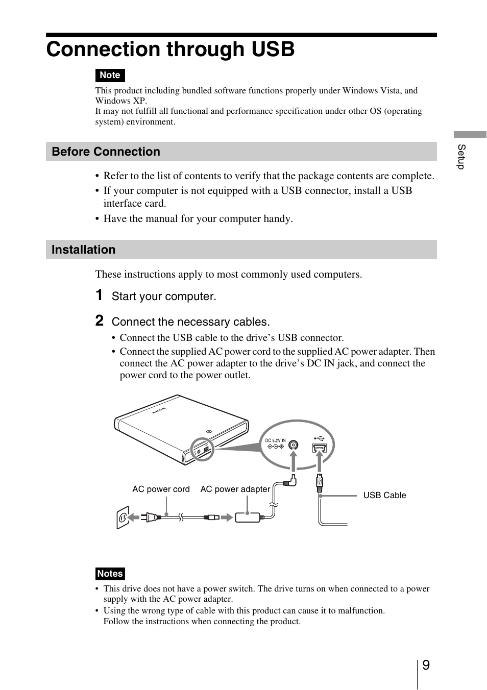 Connection through usb, Before connection, Installation | Sony DRX-S70U-W User Manual | Page 9 / 24