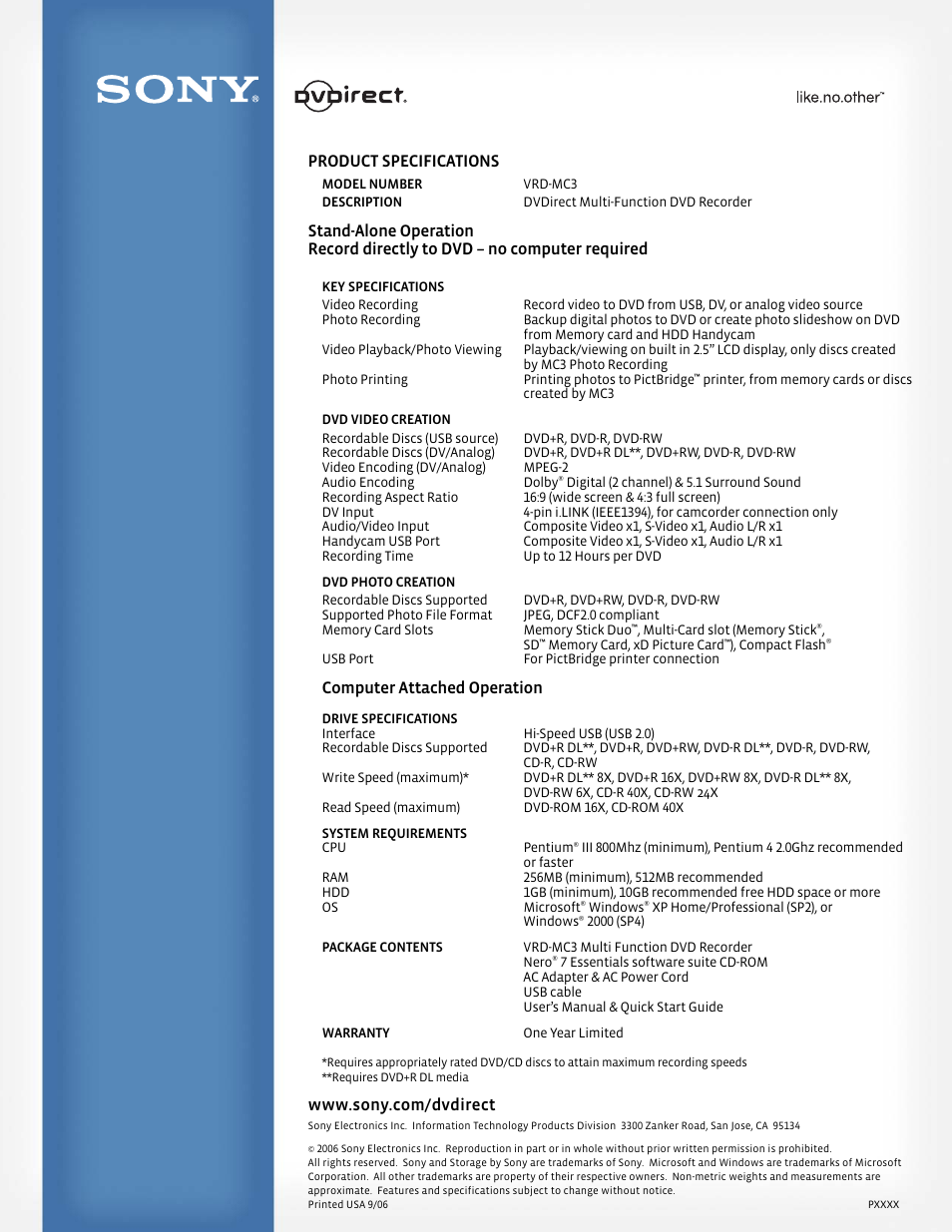 Product specifications, Computer attached operation | Sony VRD-MC3 User Manual | Page 2 / 2