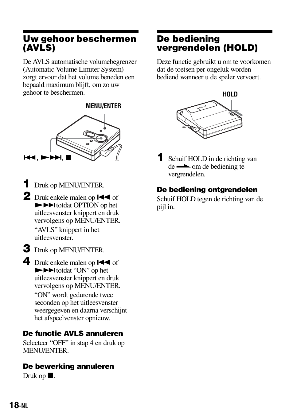 Uw gehoor beschermen (avls), De bediening vergrendelen (hold) | Sony Walkman MZ-E310 User Manual | Page 106 / 364