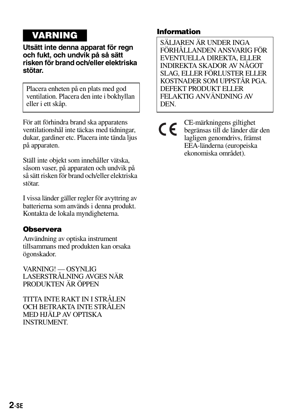 Varning | Sony Walkman MZ-E310 User Manual | Page 112 / 364