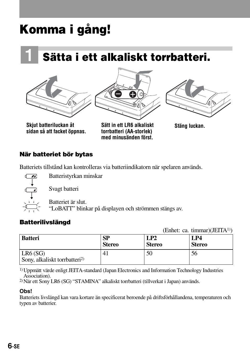 Komma i gång, Sätta i ett alkaliskt torrbatteri | Sony Walkman MZ-E310 User Manual | Page 116 / 364