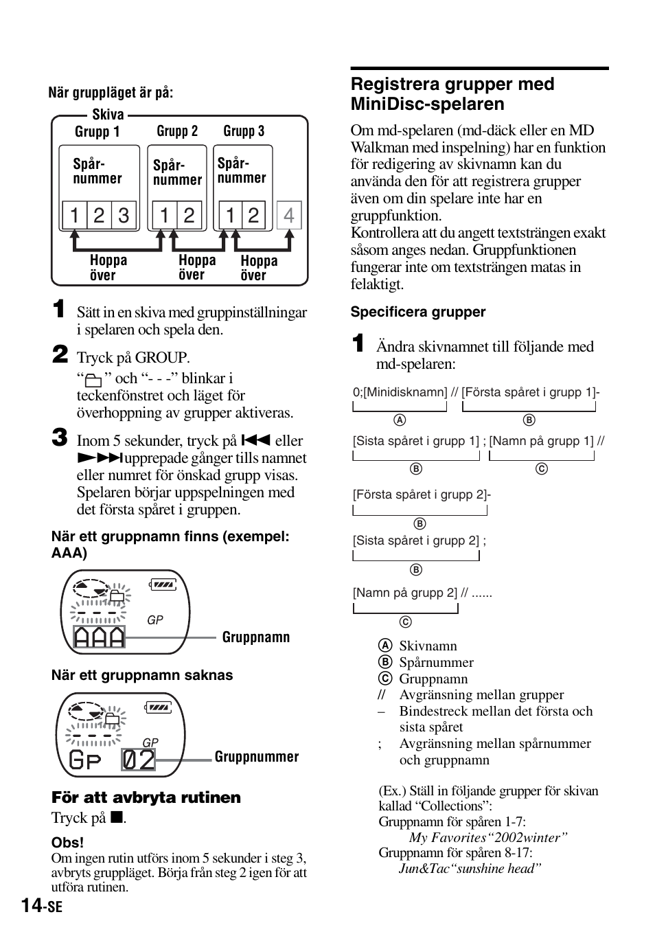 Registrera grupper med minidisc-spelaren | Sony Walkman MZ-E310 User Manual | Page 124 / 364