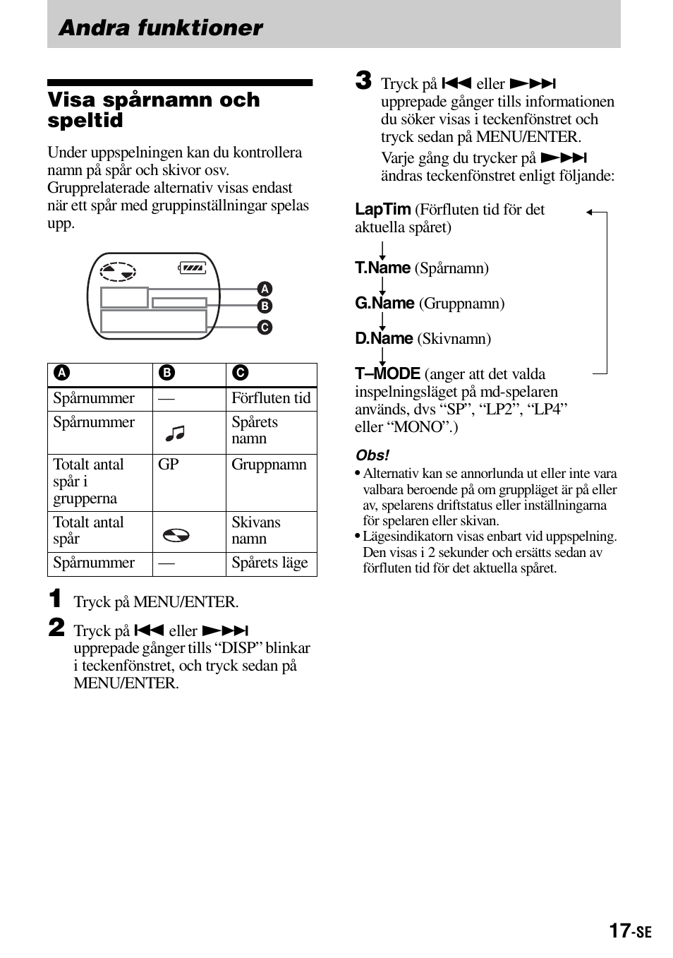 Andra funktioner, Visa spårnamn och speltid | Sony Walkman MZ-E310 User Manual | Page 127 / 364