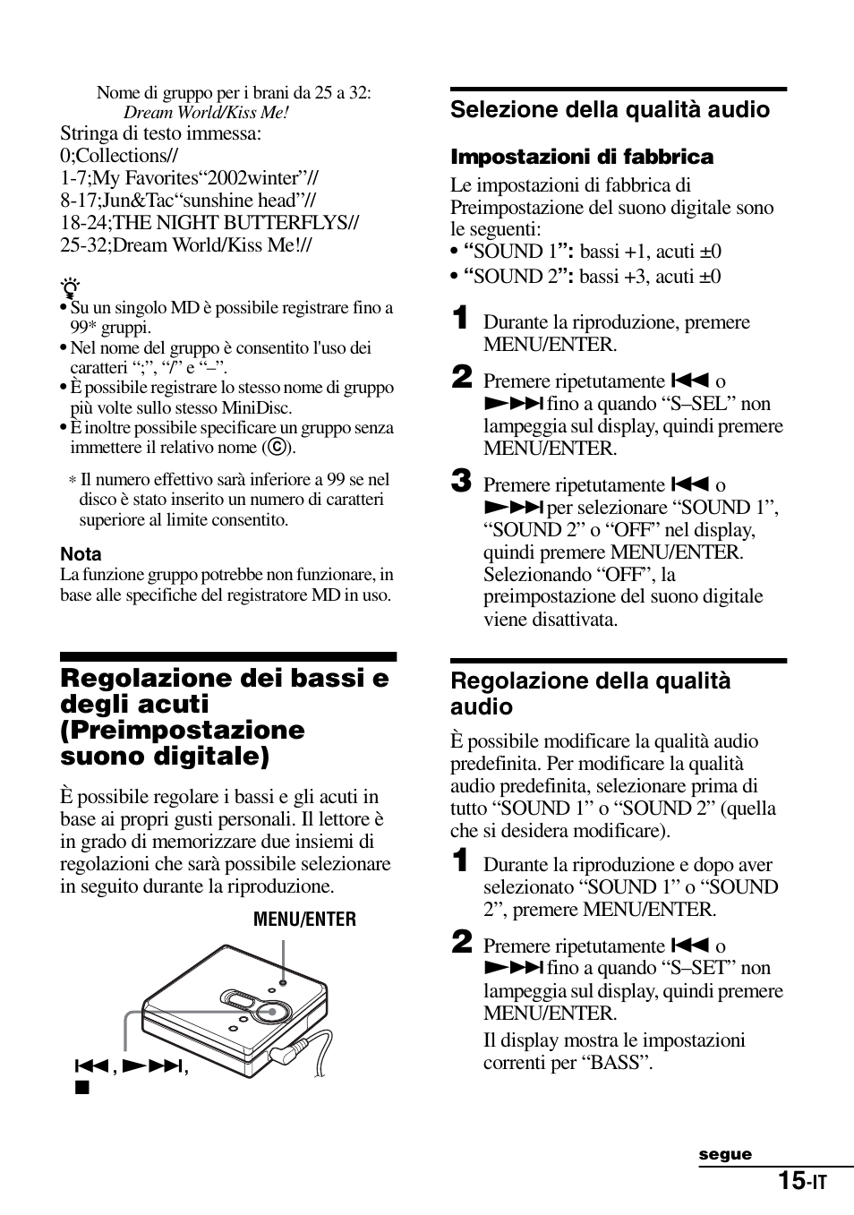 Selezione della qualità audio, Regolazione della qualità audio | Sony Walkman MZ-E310 User Manual | Page 147 / 364