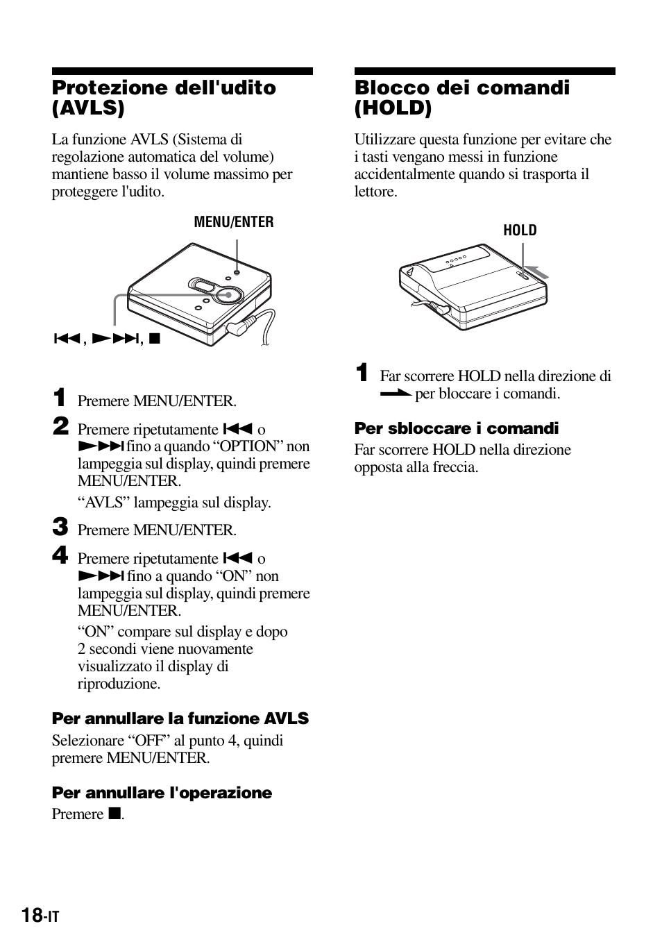 Protezione dell'udito (avls), Blocco dei comandi (hold) | Sony Walkman MZ-E310 User Manual | Page 150 / 364