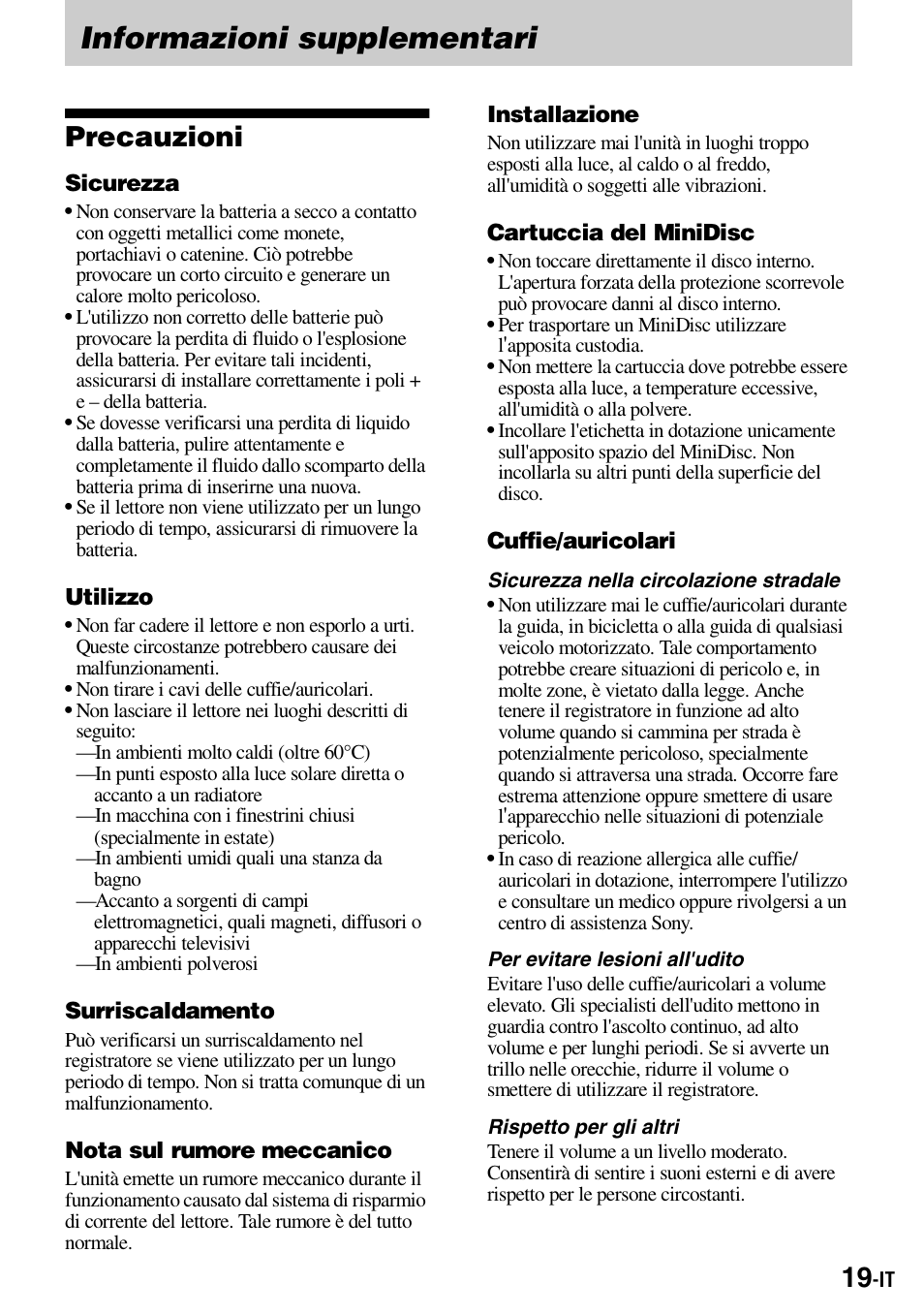 Informazioni supplementari, Precauzioni | Sony Walkman MZ-E310 User Manual | Page 151 / 364