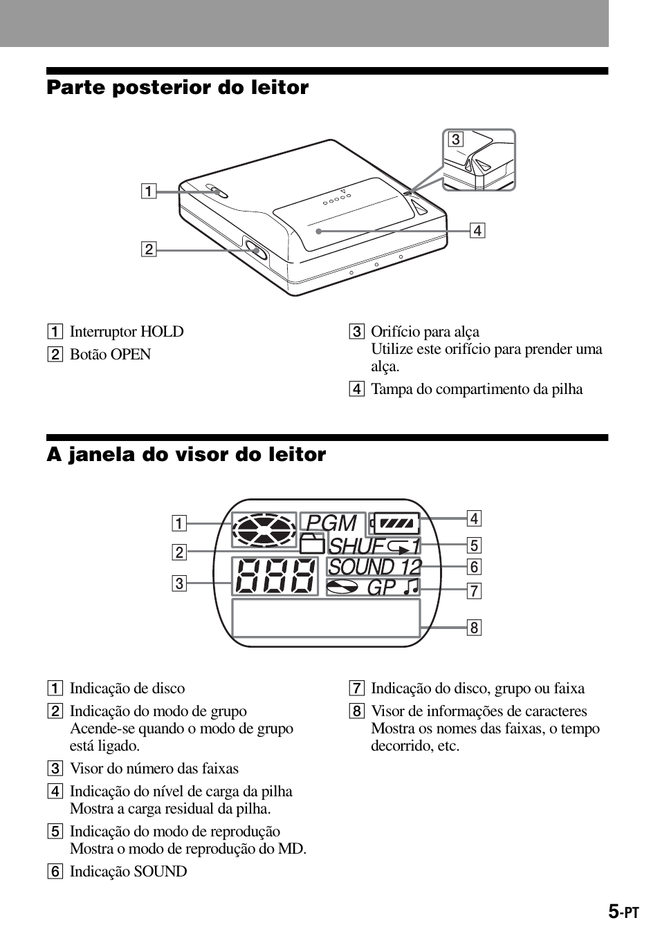 Parte posterior do leitor, A janela do visor do leitor | Sony Walkman MZ-E310 User Manual | Page 159 / 364