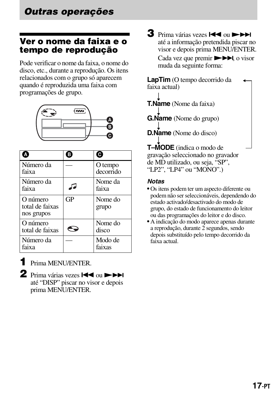 Outras operações, Ver o nome da faixa e o tempo de reprodução | Sony Walkman MZ-E310 User Manual | Page 171 / 364