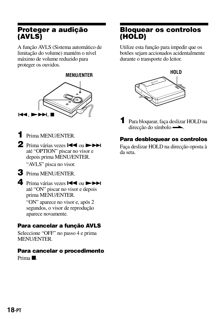 Proteger a audição (avls), Bloquear os controlos (hold) | Sony Walkman MZ-E310 User Manual | Page 172 / 364