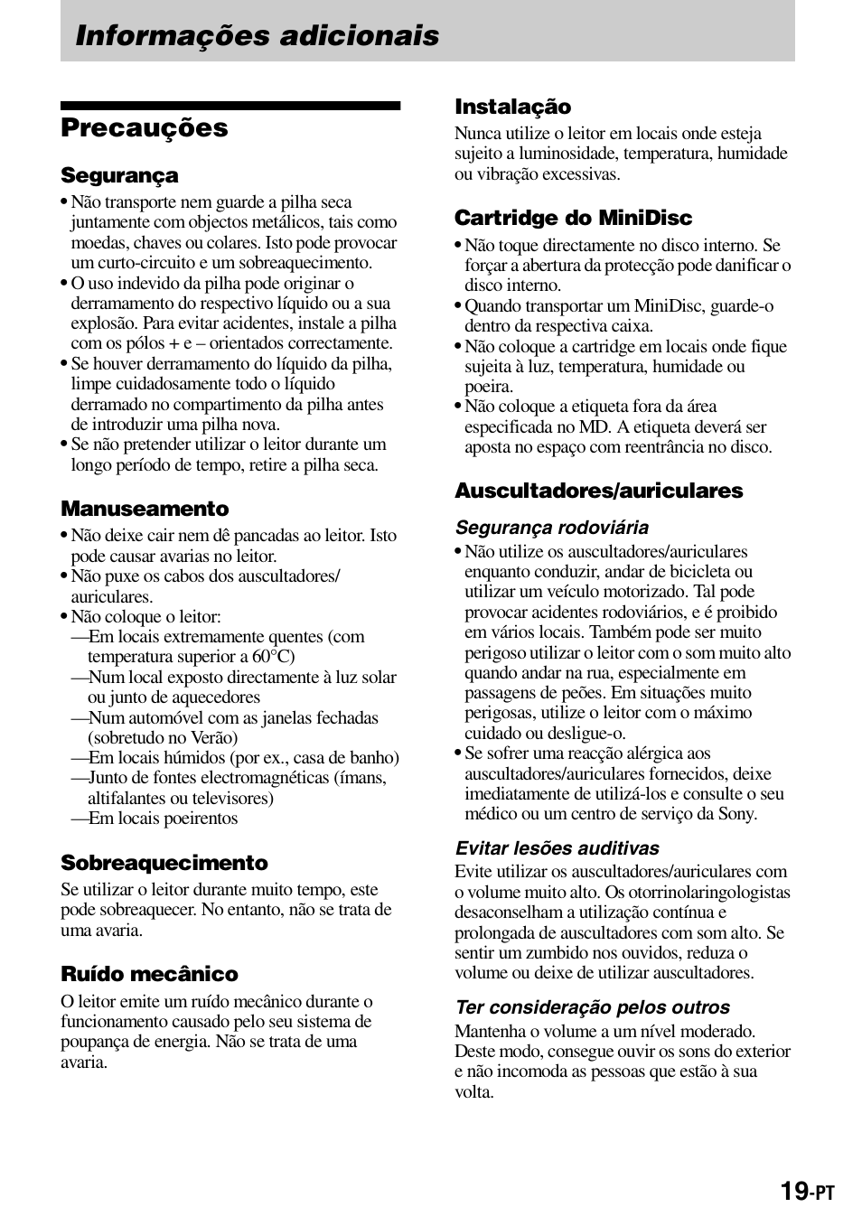 Informações adicionais, Precauções | Sony Walkman MZ-E310 User Manual | Page 173 / 364